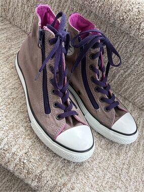 Converse high top brown purple cheetah print heels. Women’s size 7.